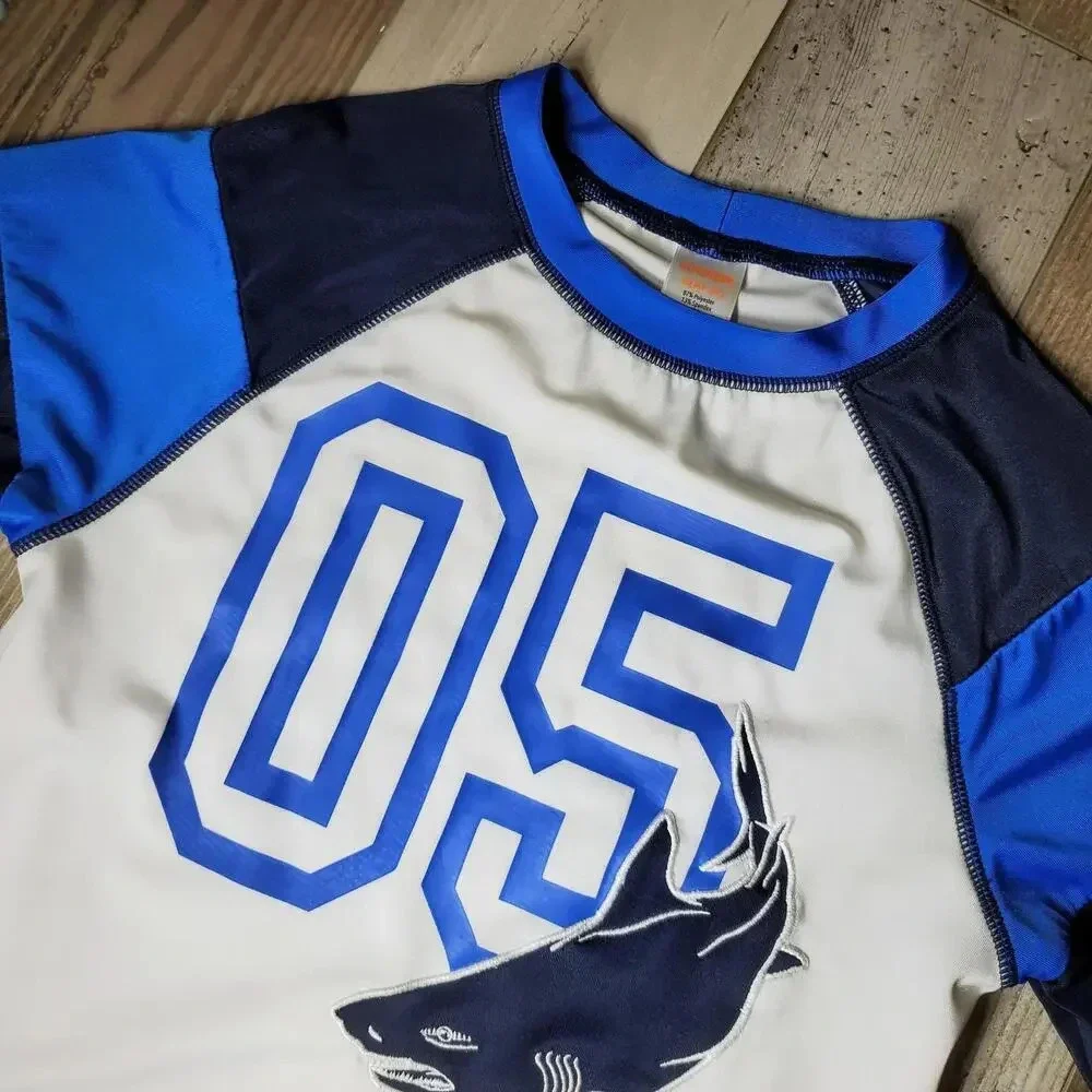 Gymboree Boys Size Large 10-12 White & Blue Shark Long Sleeve Rashguard UPF 50+